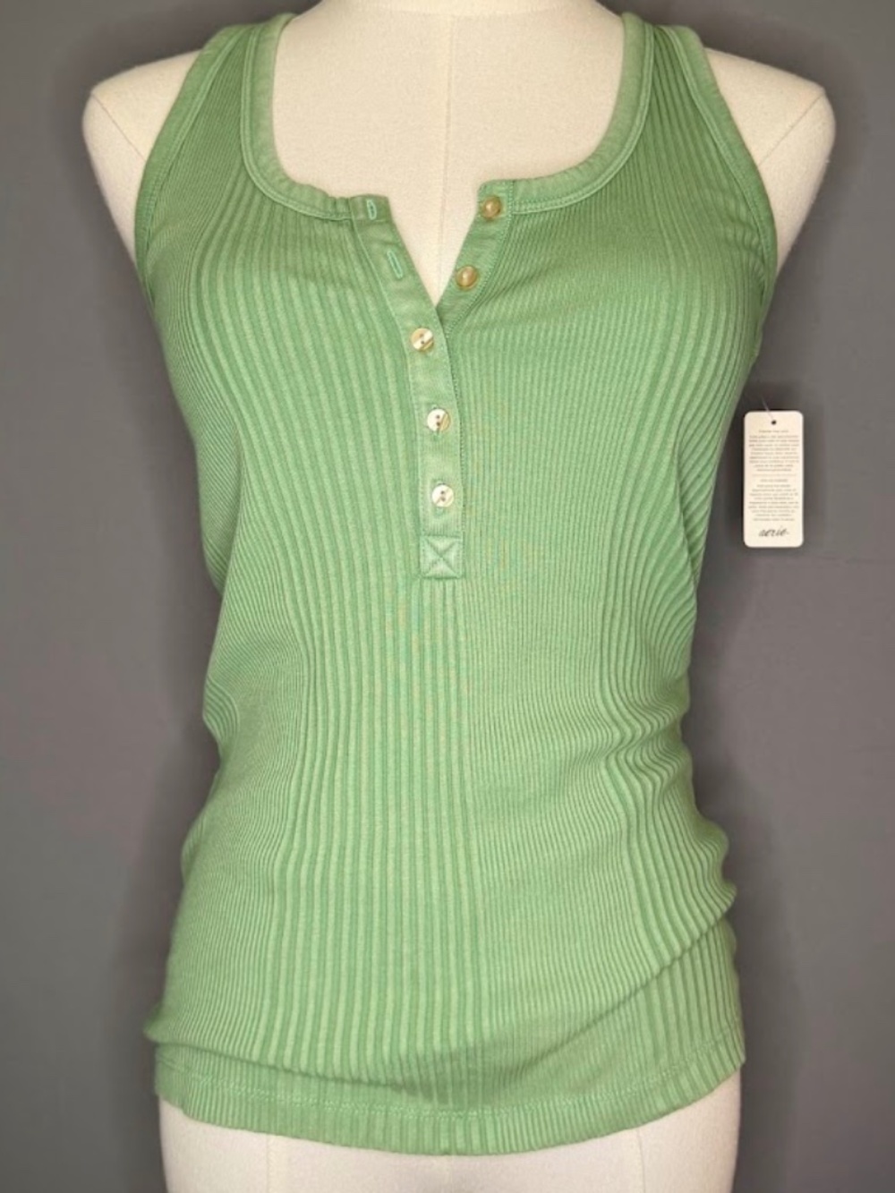 NWT Aerie Wear With Care Ribbed Henley Tank Top Green Size Medium